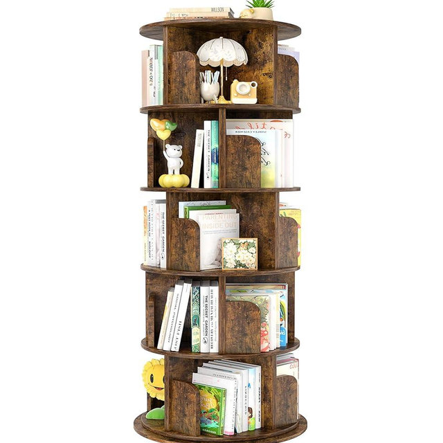 Aheaplus Rotating Bookshelf, 360 Display Wood Spinning Bookshelf Tower, 5 Tier Floor Standing Bookcase Storage Rack, Revolving Bookcase Corner Bookshelf for Small Space, Study, Bed Room, Rustic Brown