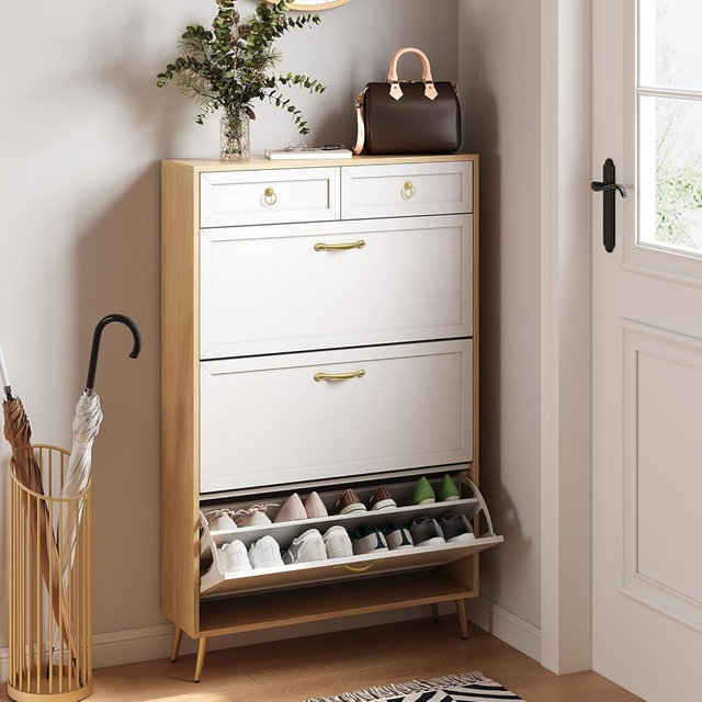 pnochoo Shoe Cabinet with 3 Flip Drawers & 2 Drawers,Freestanding Shoe Cabinet Storage with Metal Legs for Enterway，Shoe Organizer Rack with Adjustable Shelves for Front Door,Foyer,Hallway