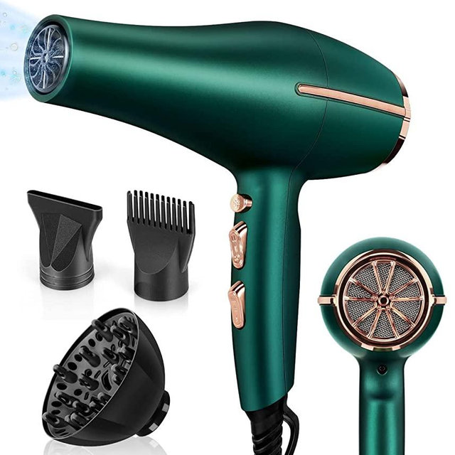 2000 Watt Negative Ionic Hair Dryer, ARDIRO Professional Salon Blow Dryer, Low Noise Fast Drying & Powerful AC Motor and Diffuser Comb for Men Women, Cool Hot Button,3 Heat & 2 Speed Settings- Green