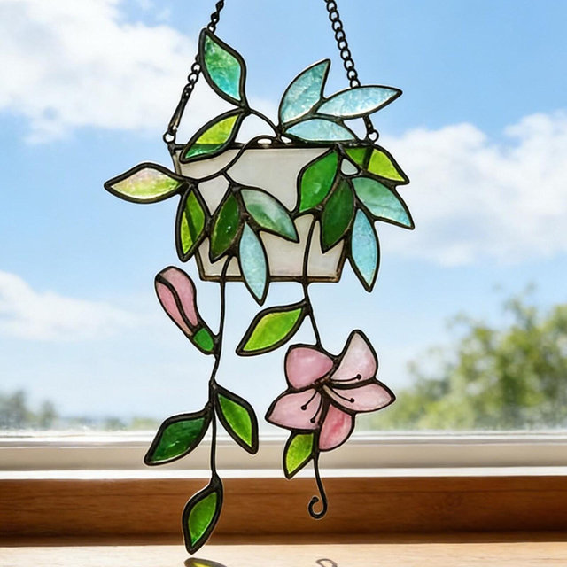 Green Leaf Stained Glass Art｜Plant Suncatcher Hanging window｜Flower stained glass｜Hanging Glass Plant｜Gift for Mom｜Elegant Plant Glass Decor
