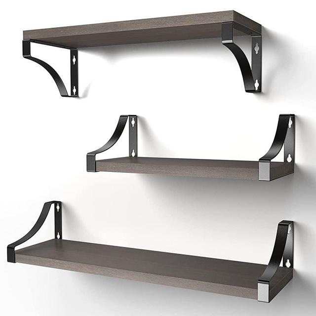 AMADA HOMEFURNISHING Floating Shelves Wall Mounted Set of 3, Rustic Wood Wall Shelves for Bedroom/Bathroom/Living Room/Kitchen/Laundry Room Storage & Decoration, Brown