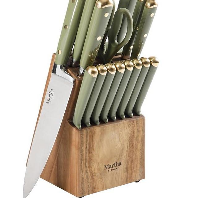 Martha Stewart 16 Piece Lockton High Carbon Stainless Steel Cutlery Kitchen Knife Block Set W/ABS Tripe Riveted Forged Handle Acacia Wood Block - Sage Green W/Gold