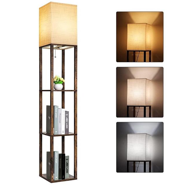 RUNTOP Floor Lamp with Shelves, Shelf Floor Lamp for Display & Storage, Modern 3-Tier Wood Shelf Floor Lamp with 3 Color Temperature 8W LED Bulb, Standing Tall Light for Living Room, Bedroom, Office