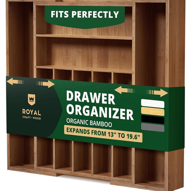 ROYAL CRAFT WOOD Luxury Bamboo Kitchen Drawer Organizer - Silverware Organizer - Utensil Holder and Cutlery Tray with Grooved Drawer Dividers for Flatware and Kitchen Utensils (9 Slot, Brown Bamboo)