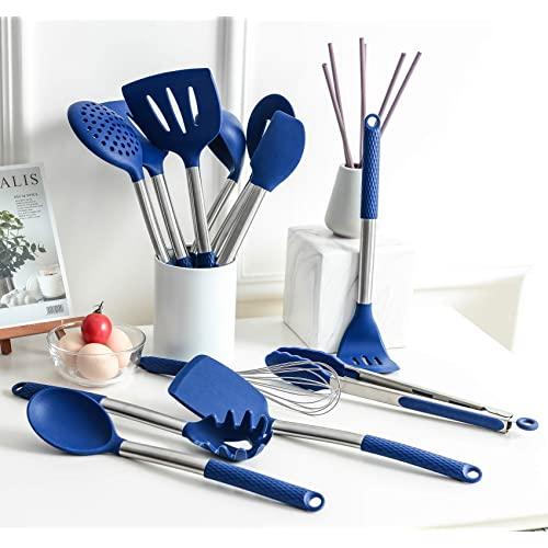 Rorence Silicone Cooking Utensil Kitchen Utensil Set: 12 Pieces Kitchen Gadgets for Baking Mixing Non-Stick & Heat Resistance Silicon and Stainless Steel Handles (Utensil Holder Not Included) - Blue