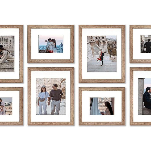 VELISTA 8 Piece Rectangle Gallery Wall Frame Set - Rustic Photo Frame Set with Mat 5x7/8x10 - Picture Frame Set for Wall Collage made of Engineered Wood – Farmhouse Assorted Picture Frames (Walnut)