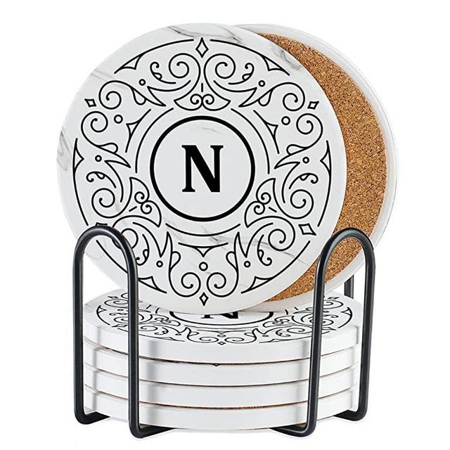 Monogrammed Coaster Gifts Set of 6, Initial Letter, Ceramic, Absorbent with Cork Base, Home Decor for Family, Housewarming, Thanksgiving, Friends, Birthday, Christmas - N
