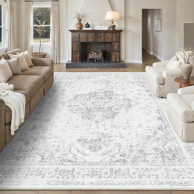 DUIDY 8x10 Vintage Washable Area Rugs Boho Medallion Large Distressed Retro Accent Carpet Floral Non-Slip Soft Low Pile Indoor Throw Rug for Living Room Bedroom Dining Room Office Kitchen, Gray