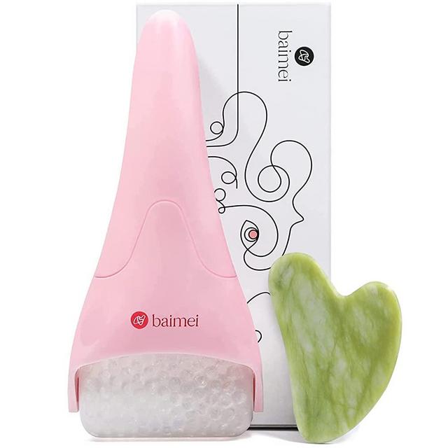 Ice Roller for Face and Gua Sha Facial Tools, BAIMEI Ice Face Roller Reduces Puffiness Migraine Pain Relief-Pink
