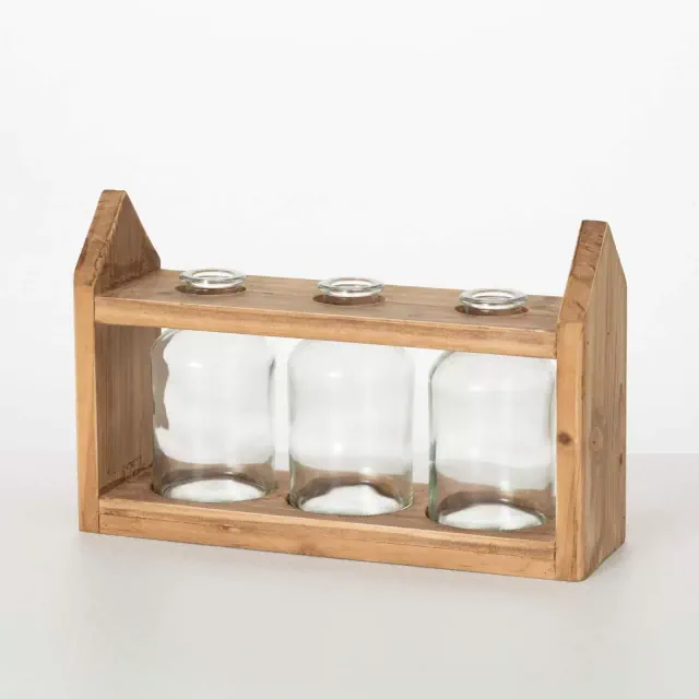 Sullivans Glass Bottle Vases With Wood Stand 11"L; Brown