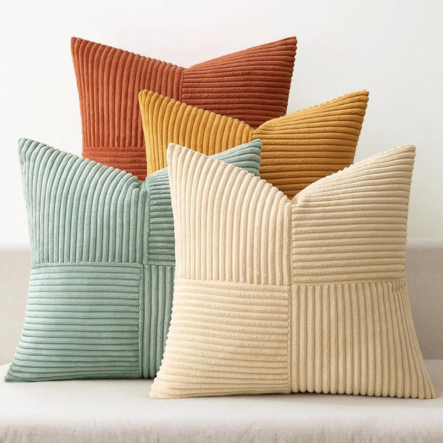 MIULEE Teal-Orange Decorative Throw Pillow Covers 20x20 Inch Set of 4 Boho Corduroy Striped Cushion Cases Modern Farmhouse Patchwork Pillow Cases for Couch Sofa Bedroom Home Decor