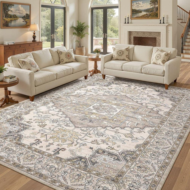 ELLIUNE 10x14 Washable Area Rugs for Living Room: Non Slip Vintage Brown Rug, Large Soft Stain Resistant Indoor Floor Carpets for Bedroom Dining Room Farmhouse Nursery Home Office Kid & Pet Friendly