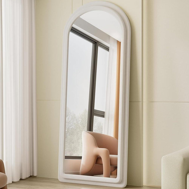 ZMYCZ Floor Mirror, Full Length Mirror with Stand, 63"x24" Arched Mirror Full Length, Freestanding Mirror Hanging or Leaning, Wall Mounted Mirror with Flannel Frame, Large Mirror for Bedroom (White)