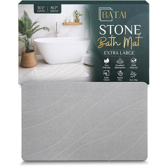 Extra Large Stone Bath Mat - (31.5” x 19.7”) - Absorbent Diatomaceous Earth Stone Bath Mat Large - Non-Slip Diatomite Bathmat - Easy Clean and Quick Drying - Long Instant Dry Bathmat - Light Gray XL