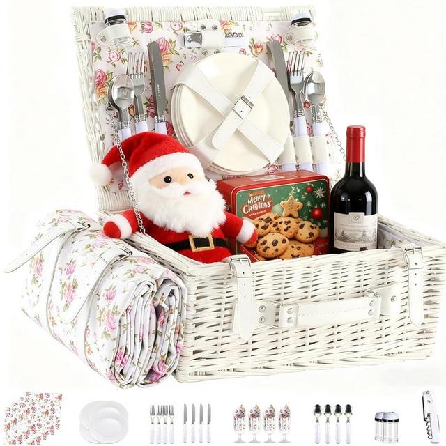 YPshuye Picnic Basket Set for 4 with Waterproof Blanket Mat Insulation Bag Wicker Pink White Floral Classic Fresh Gift for Christmas Thanksgiving Wedding Birthday Camp Outdoor Beach Travel