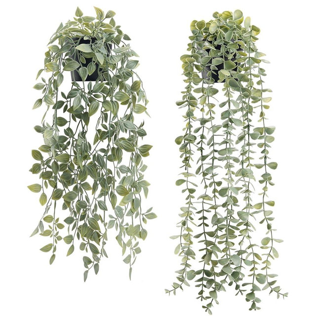 Der Rose 2 Pack Fake Plants Hanging Artificial Decor Faux Potted Eucalyptus and Pea Pod Plants for Bathroom Home Shelf Bookcase Decor Indoor
