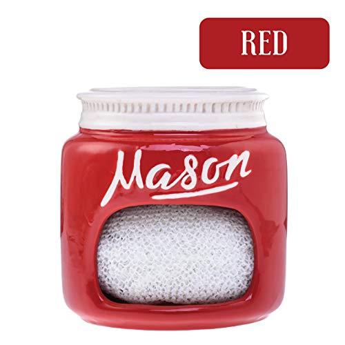 Red Ceramic Mason Jar Kitchen Sponge Holder – Adorable Home Retro and Farmhouse Kitchen Decor - Amazing Rustic Accessory - Vintage Gift for Friends, Family and Collectors by Goodscious