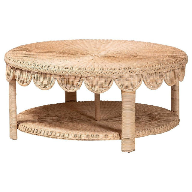 Bali & pari Latoya Natural Rattan Coffee Table - Handwoven Round Wicker Table with Scalloped Apron and Lower Shelf, Coastal Boho Living Room Accent Furniture