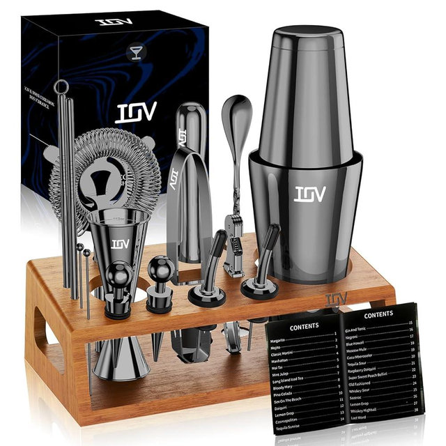 IOV Mixology Bartender Kit Bar Set with Stand | 17-Piece Cocktail Shaker Set | 28oz Boston Shaker Drink Mixer Set with All Essential Accessory Tools | Fun Housewarming Gift (Black)