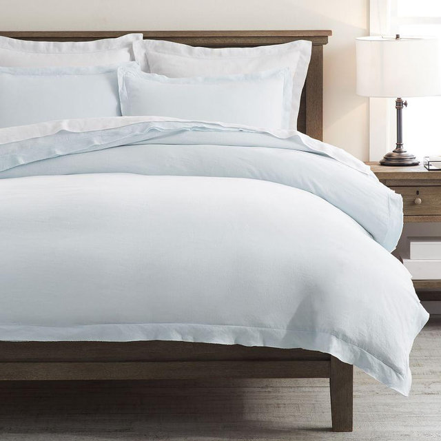 Blue Frost Belgian Flax Linen Double Flange Duvet Cover, Full/Queen
