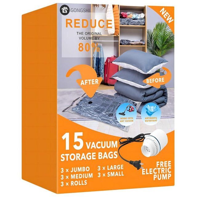 15 Pack Vacuum Storage Bags with Electric Pump (3 Jumbo, 3 Large, 3 Medium, 3 Small, 3 Roll Up), Space Saver Sealer Compression Bags for Blankets, Comforters, Pillows, Clothes Storage
