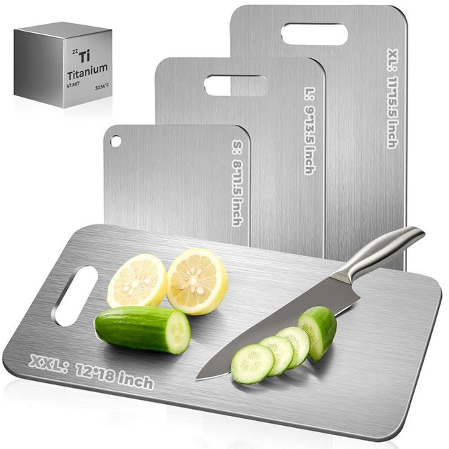 Katuchef Titanium Cutting Board - Upgraded 100% Pure Titanium Cutting Boards for Kitchen Non Toxic, Double-Grade Hygiene Durable Non Moldy Dishwasher Safe Meat Fruit Metal Board (3PC S+L+XL)