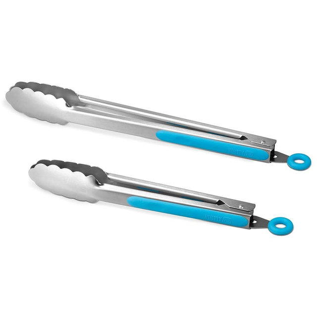 304 Stainless Steel Kitchen Cooking Tongs, 9" and 12" Set of 2 Sturdy Grilling Barbeque Brushed Locking Food Tongs with Ergonomic Grip, Blue