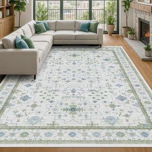 Blue and Green Living Room Rug 8x10 - Cream Oushak Vintage Boho Floral Farmhouse, Washable Low Pile Non-Slip Extra Large Area Rugs for Bedroom, Girls, Boys, Playroom, Lounge