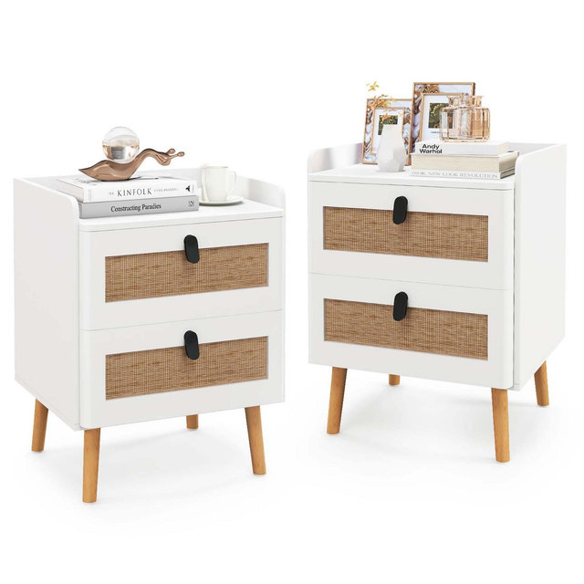 Costway 2 PCS Modern Nightstand End Bedside Table with 2 Rattan Drawers & Solid Wood Legs