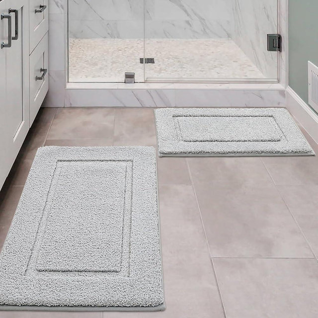 ZOESIOER Bathroom Rugs Sets 2 Piece, Ultra Absorbent Soft Bath Rug, Machine Washable Microfiber Non-Slip Bath Mat for Bathroom Floor, Tub, Toilet, Shower Room, Light Grey