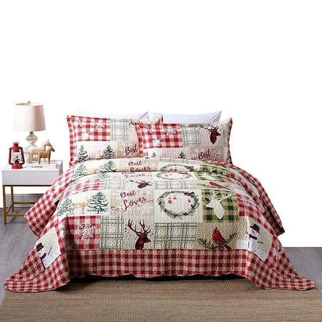 3 Piece Rustic Lodge Deer Quilt Christmas Quilt Quilted Bedspread Printed Quilt Quilt Set Bedding Throw Blanket Coverlet Lightweight Bedspread Ensemble/ Snowman Quilt (King)