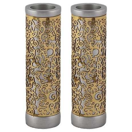 Round Lasercut Pomegranate Candlesticks - Gray With Gold Overlay - By Yair Emanuel