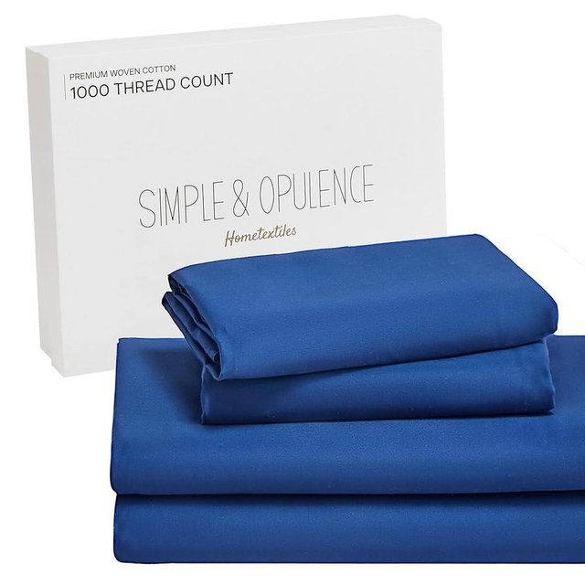 Simple&Opulence 100% Cotton 1000 Thread Count King Sheets -4 Pc Long Staple Pure Soft Sateen Weave Set-16” Deep Pocket Cooling Luxurious Silky Bed Sheet (Navy, King)