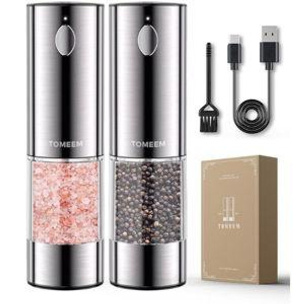 Silver Stainless steel TOMEEM Upgraded Larger Capacity Electric Salt and Pepper Grinder Set Rechargeable with LED lights, Stainless Steel Automatic Pepper and Salt Grinder Refillable with 5 Adjustable Coarseness