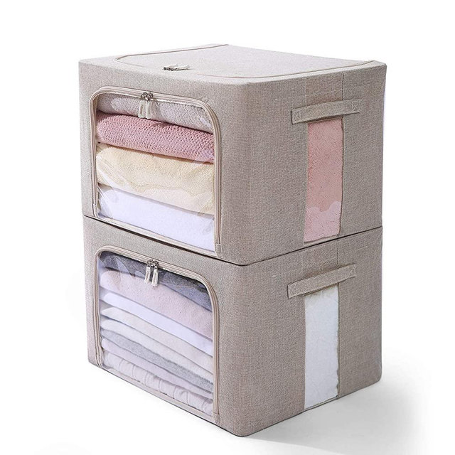 Clothes Storage Bins Box - Linen Fabric Foldable Stackable Container Organizer Set with Clear Window & Carry Handles & Metal Frame - 2Pack Large Capacity for Bedding, Blankets, Toys, Books