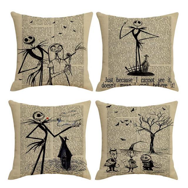 QIQIANY Set of 4 Vintage Newspaper Halloween Decorative Throw Pillow Covers 18 x18 inch Home Decor Set Halloween Christmas Thanksgiving Fall Cushion Cover Pillowcases for Sofa Couch Bedroom