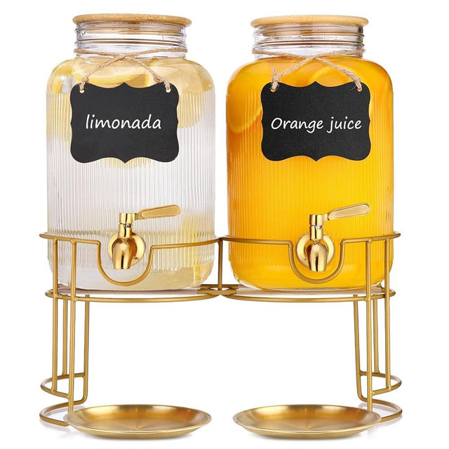 Drink Dispensers For Parties- 1 Gallon Beverage Dispenser with Stand and Spigot 18/8 Stainless Steel Leak-proof- Sun Tea Glass Jar For Outside, Juice Lemonade Dispenser