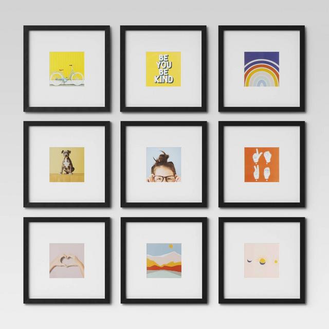 Set of 9 Gallery Frame Set 10" x 10" Matted to 5" x 5" Black - Room Essentials™