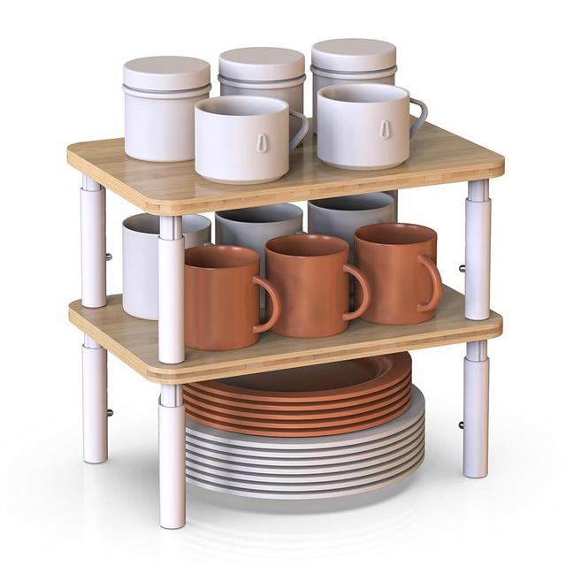 WELL WENG Cabinet Organizer Shelf, Spice Rack Set of 2 Kitchen Pantry Cupboard Shelves, Stackable, Height Adjustable, Natural Bamboo (11.7" Wx77.Dx6.57 H per Pack)