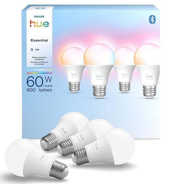 Philips Hue Essential Smart LED A19 Bulb, White and Color Ambiance, E26 Base, 8.8W, 2200K-6500K, 800 Lumens, Dimmable, Works with Alexa, Google, and Apple Home, 4-Pack
