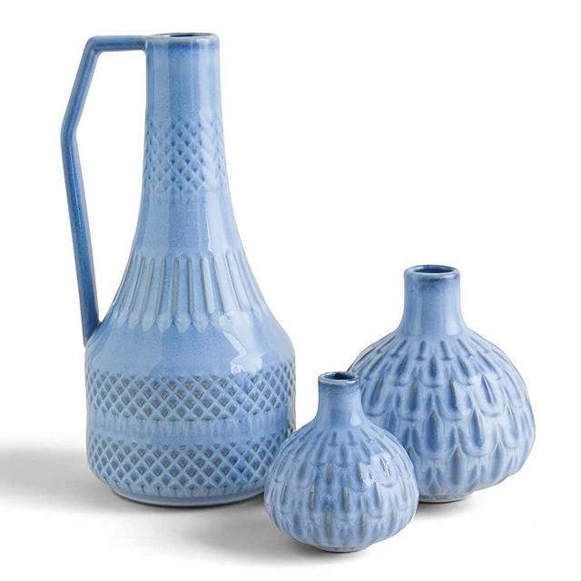 TENGSAN Modern Ceramic Vase Set of 3, Small and Tall Jugs, Unique Vintage Decorative Shape Vase for Home Decor, Table, Shelves, Living Room Decoration, Farmhouse, Mantel and Entryway Decor (Blue)