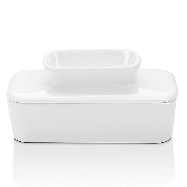 Sweese 309.101 Porcelain Butter Dish with Water - French Butter Keeper Crock - Perfect for East Coast Butter - Spreadable without Refrigeration, White