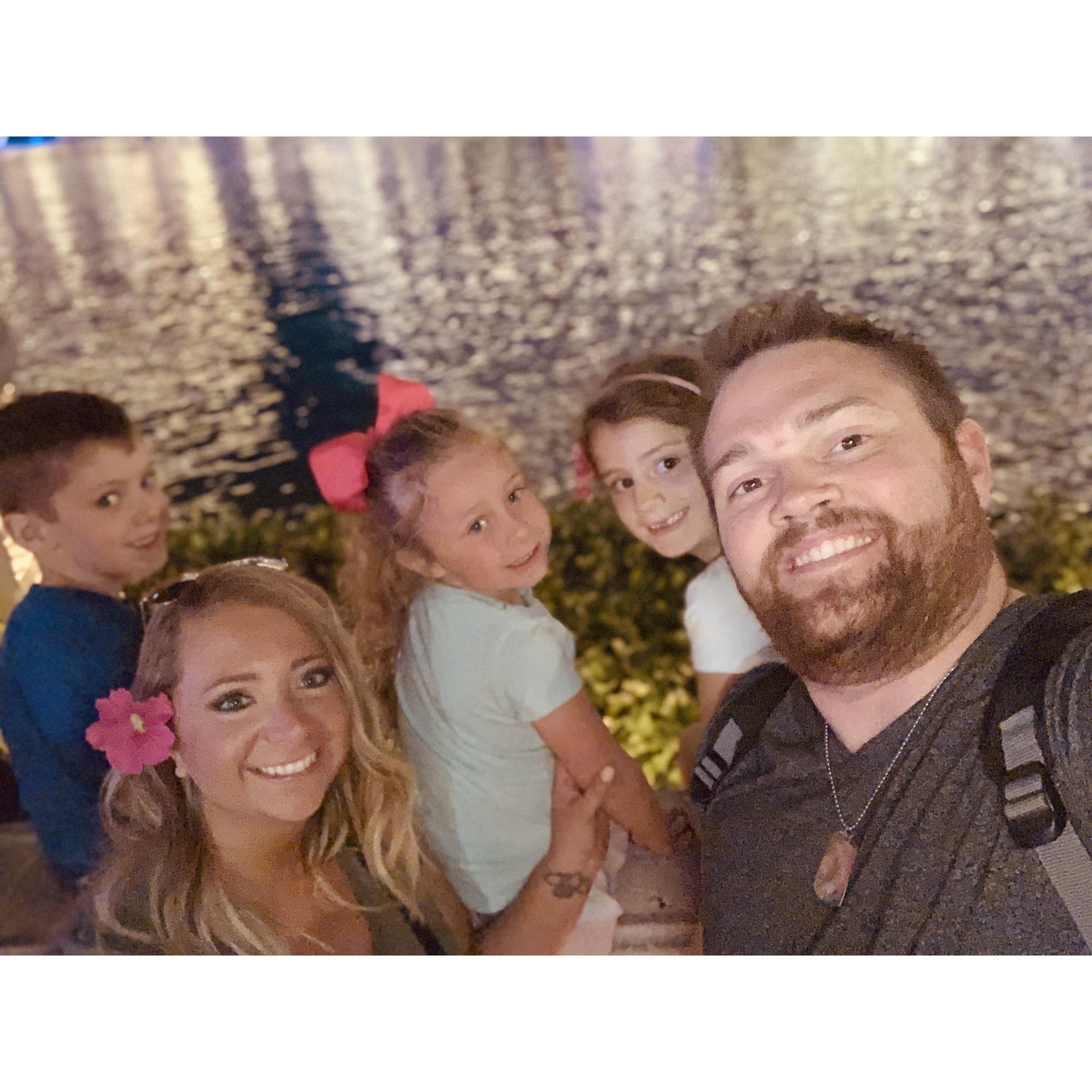 The first picture of the 5 of us! We were on spring break doing a staycation and we were getting ready to watch the Bellagio fountains!
