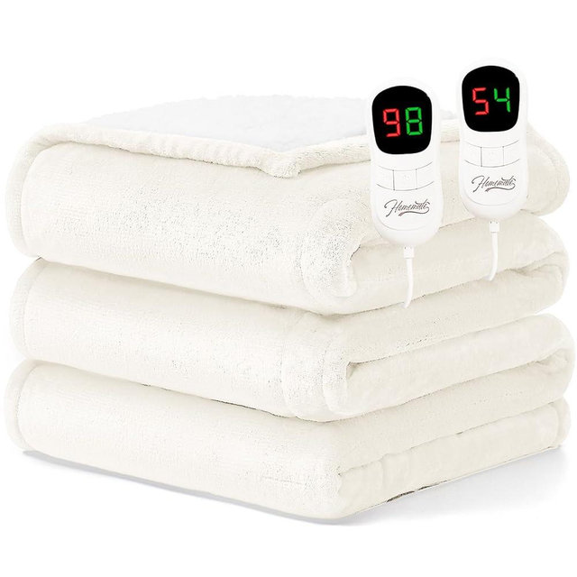 Homemate Electric Heated Blanket Queen Size - 84"x90" Heating Blanket Queen Size Dual Control 1/2/4/6/8 Hours Auto-Off 10 Heat Level Over-Heat Protection Flannel Sherpa ETL Certification