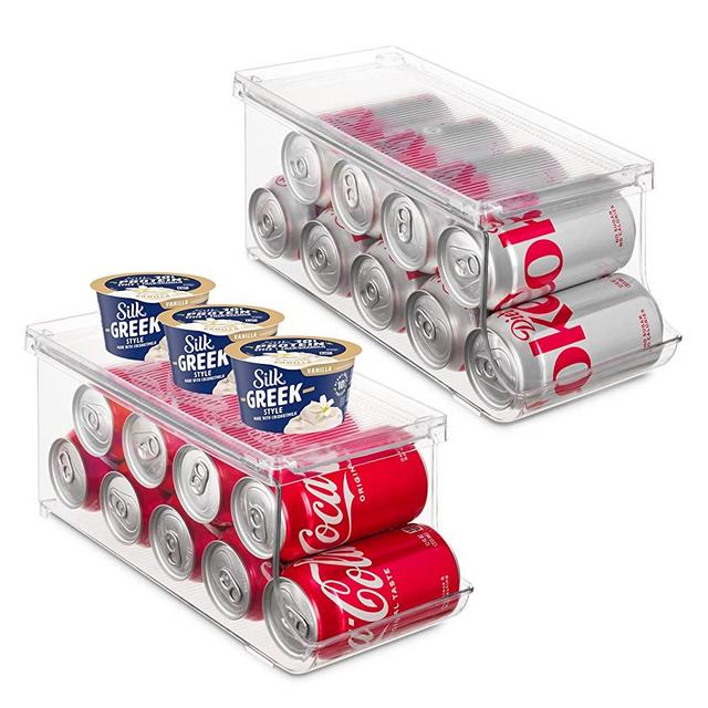 Set of 2 Stackable Refrigerator Organizer Bins Pop Soda Can Dispenser Beverage Holder for Fridge, Freezer, Kitchen, Countertops, Cabinets - Clear Plastic Canned Food Pantry Storage Rack
