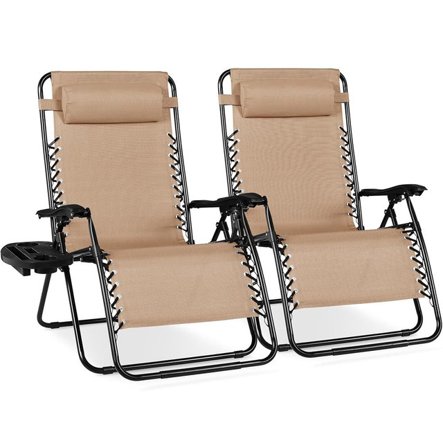 Best Choice Products Set of 2 Extra Wide Adjustable Steel Mesh Zero Gravity Lounge Chair Recliners w/Pillows and Cup Holder Trays - Sand