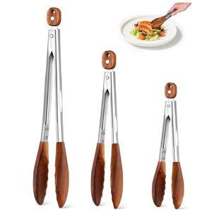 Wooden Tongs for Cooking Set of 3 (7",9",12") Natural Walnut Wooden kitchen Tongs for Grilling, Serving, BBQ and Tossing Salad etc | Ergonomic Stainless Steel Non-Slip Grip, Heat Resistant, Pull Lock