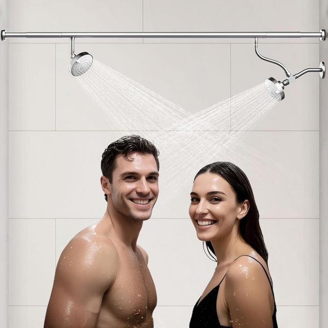 NTPN Dual Shower Head for Couples, High Pressure Double Shower Heads for Two People Rod, Two Showerhead System with 3 Spray Settings Fit 2 Person Bathroom, Birthday Gifts for Women Men (Chrome)