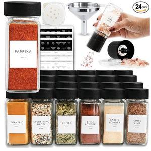SAVVY & SORTED Glass Jars with 24PK 4oz Containers for Herbs and Seasonings – Includes Pepper Grinder, 374 Labels, Funnel, Shaker Lids & Empty Bottles