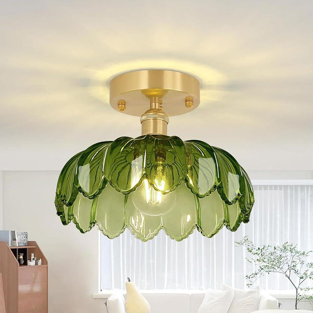 Shenmoyl Semi Flush Mount Ceiling Light, Gold Hallway Vintage Lights Fixture Ceiling with Green Peony Glass, Bulb Included, 4.72" Base Modern Ceiling Light Fixtures for Kitchen Bedroom